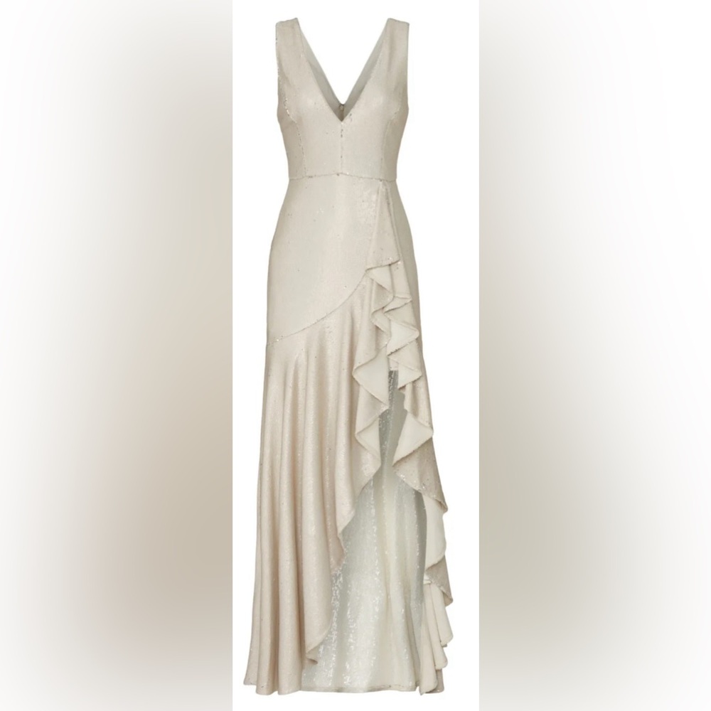 RTR BADGLEY MISCHKA Ruffled Sequin Gown in size 4. **see notes**
